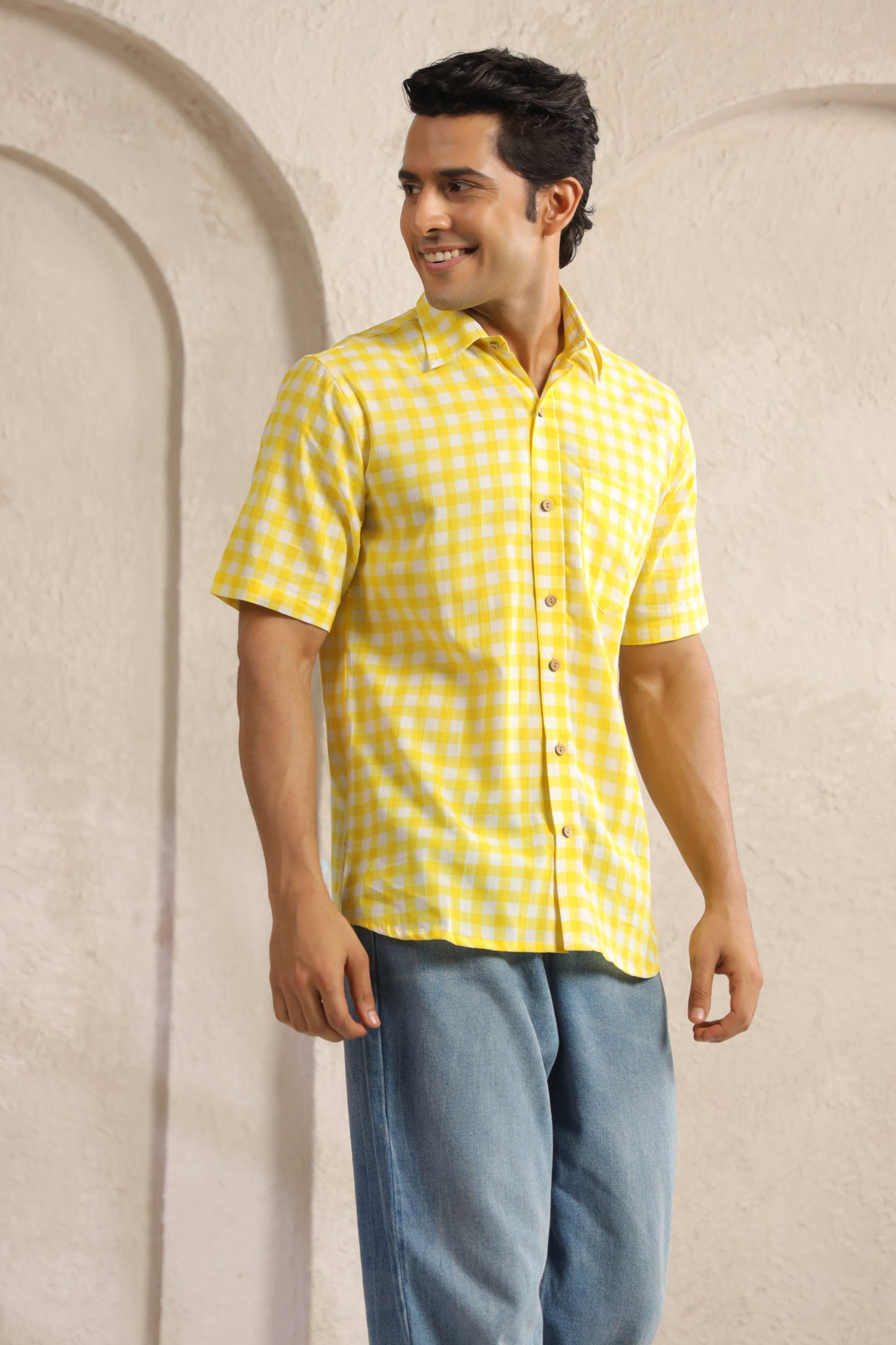 Yellow Checks Regular Fit Shirt