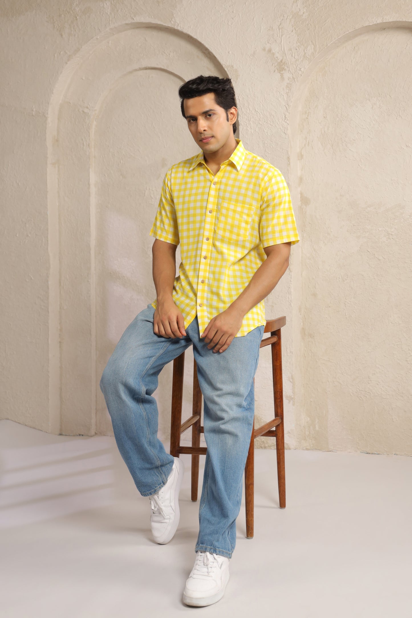 Yellow Checks Regular Fit Shirt