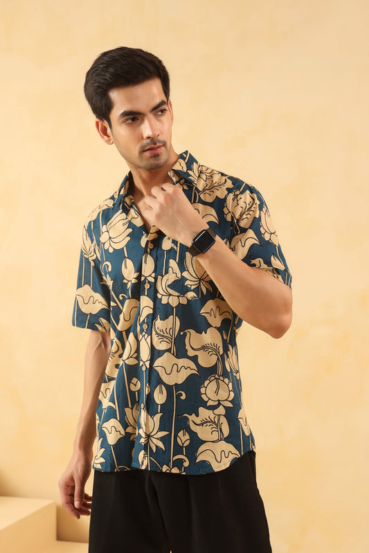 Blue Bud Cotton Half Sleeve Shirt