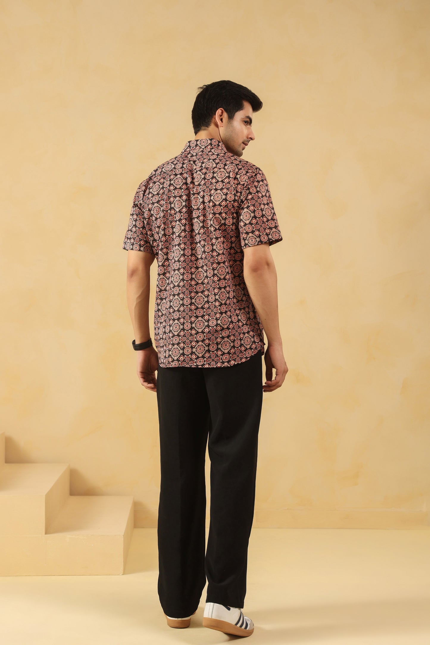 Black Ajrakh Cotton Half Sleeve Shirt