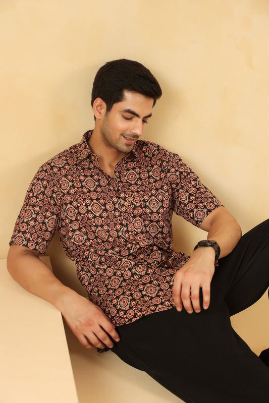 Black Ajrakh Cotton Half Sleeve Shirt