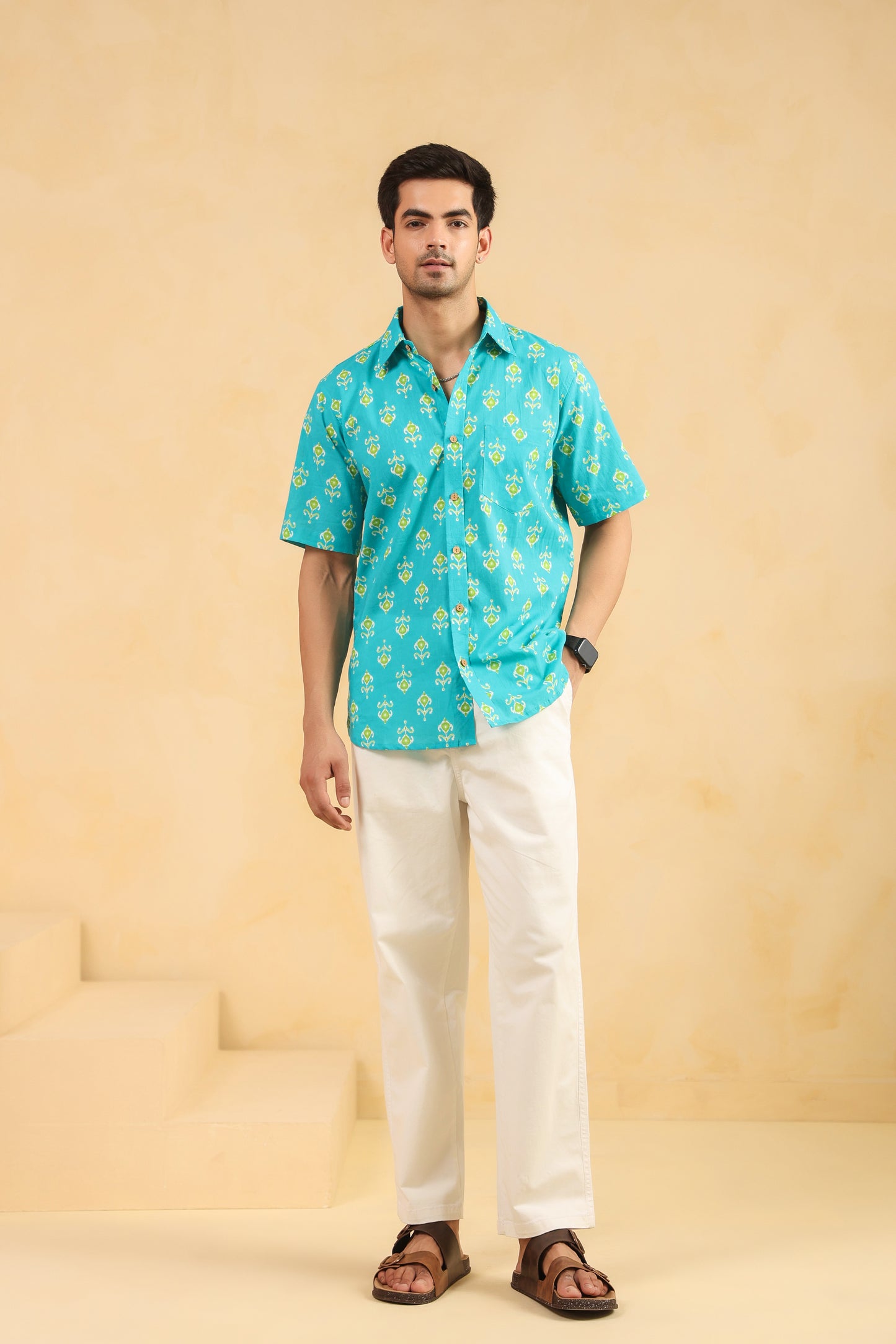 Turquoise Cotton Half Sleeve Shirt