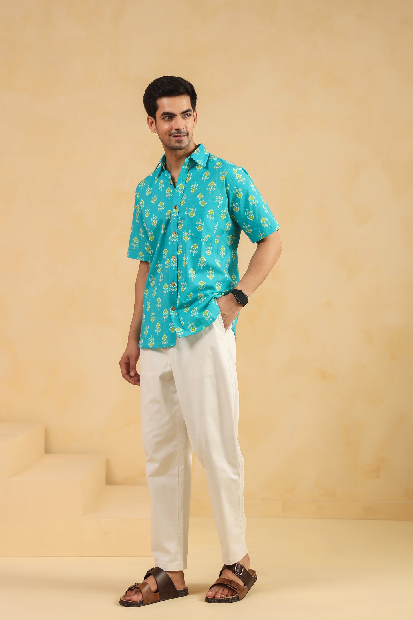 Turquoise Cotton Half Sleeve Shirt