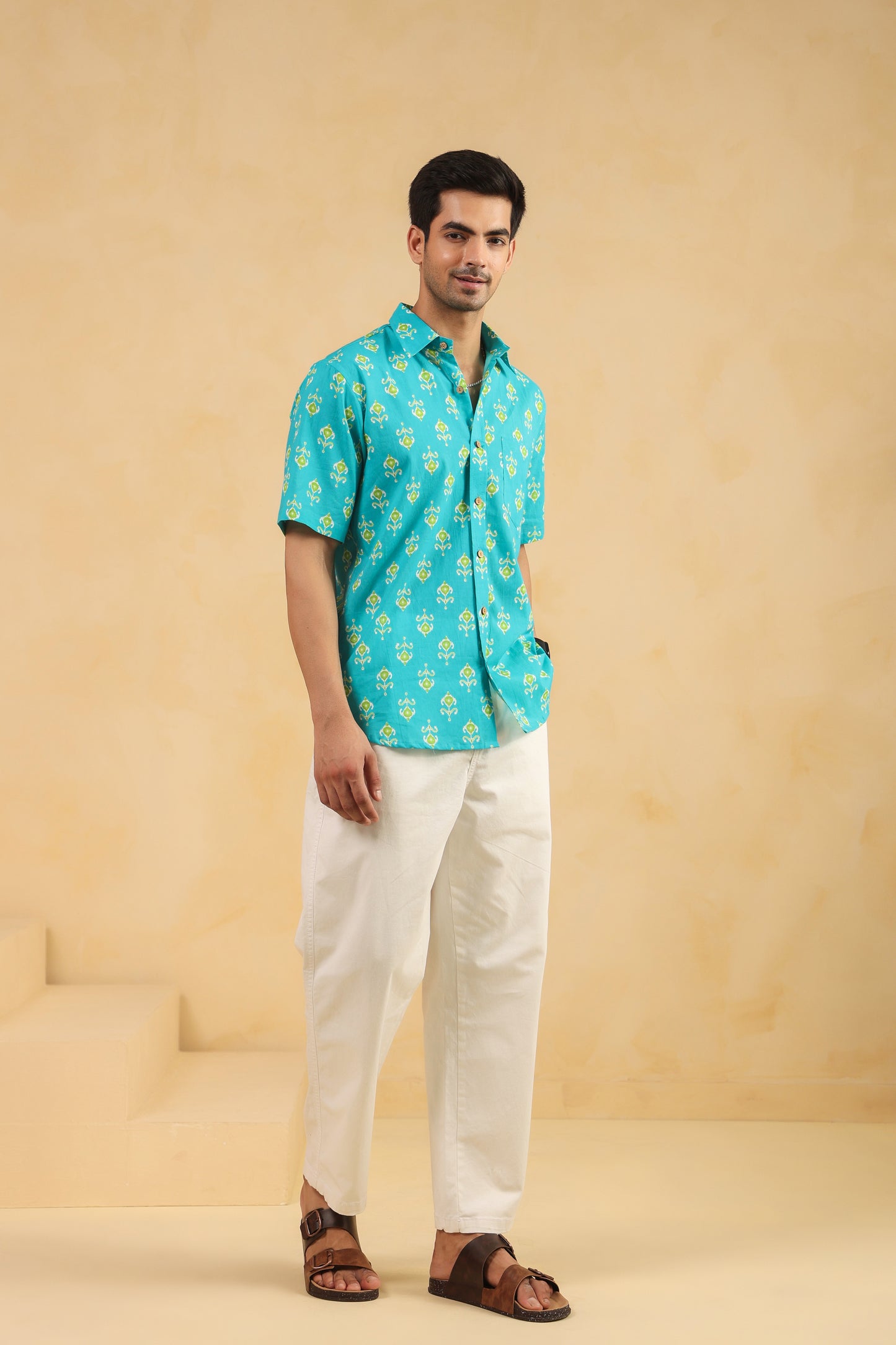 Turquoise Cotton Half Sleeve Shirt