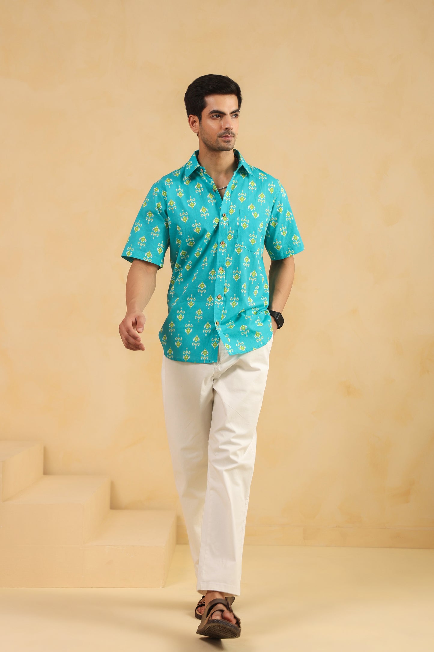 Turquoise Cotton Half Sleeve Shirt