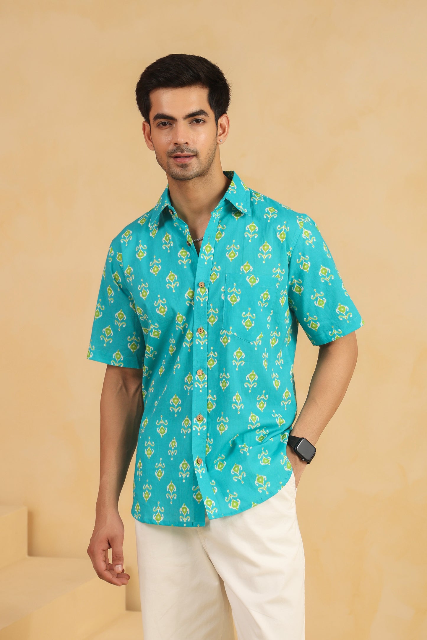 Turquoise Cotton Half Sleeve Shirt