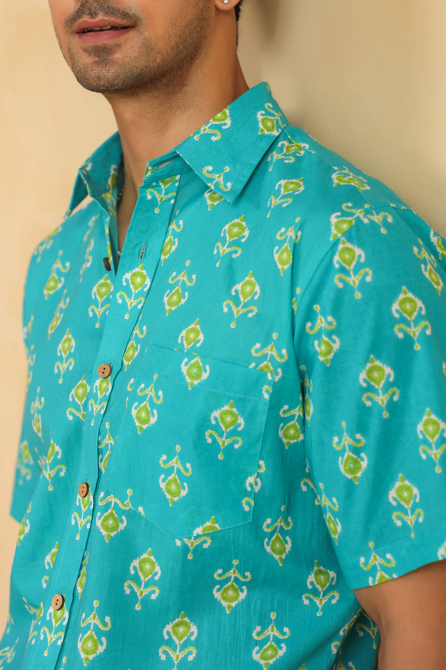 Turquoise Cotton Half Sleeve Shirt
