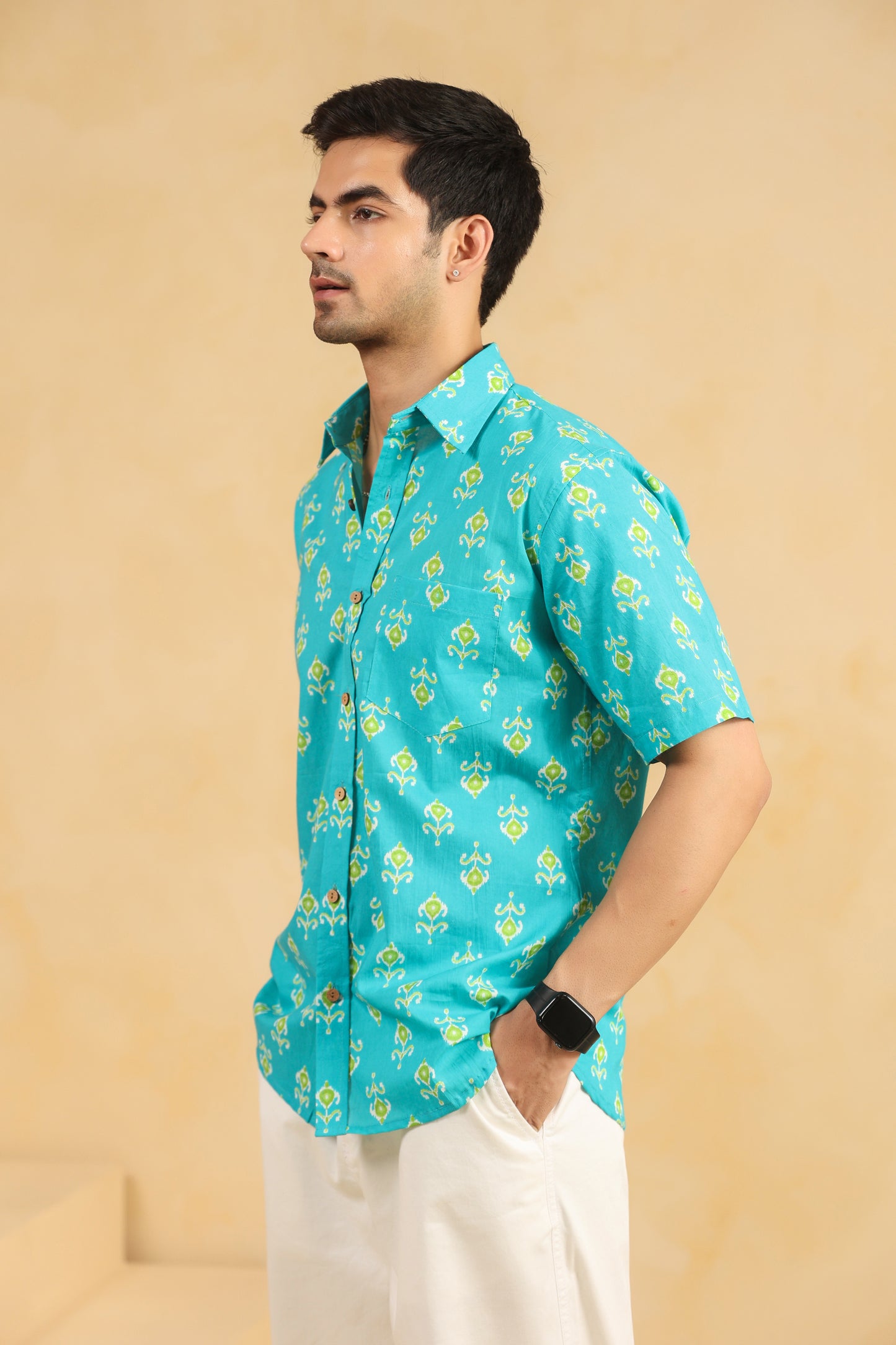 Turquoise Cotton Half Sleeve Shirt