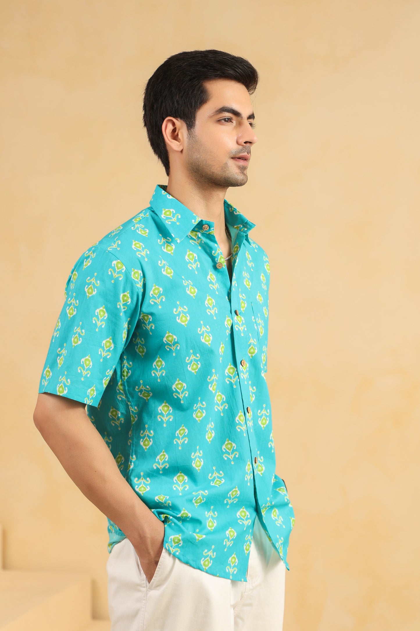 Turquoise Cotton Half Sleeve Shirt