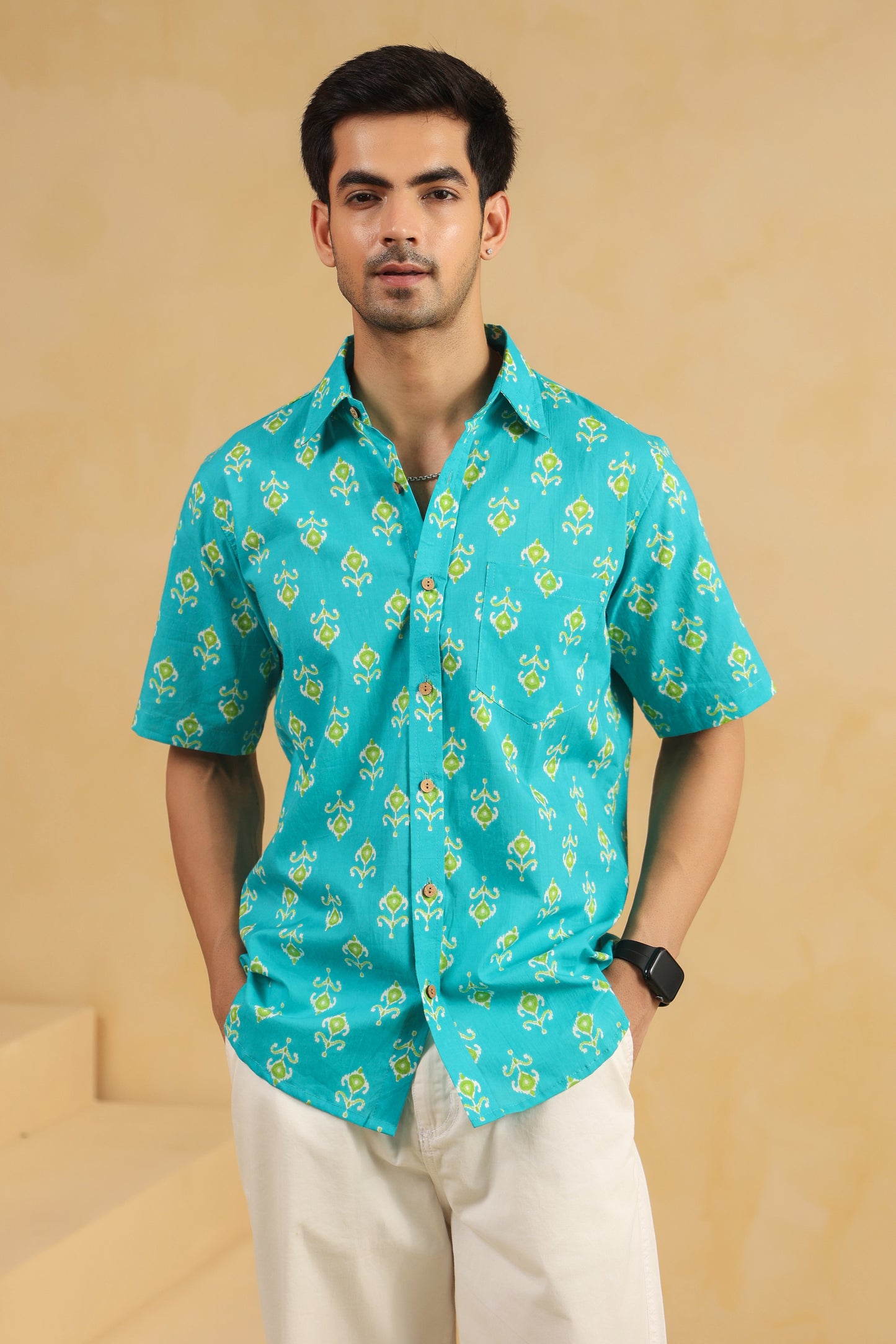 Turquoise Cotton Half Sleeve Shirt