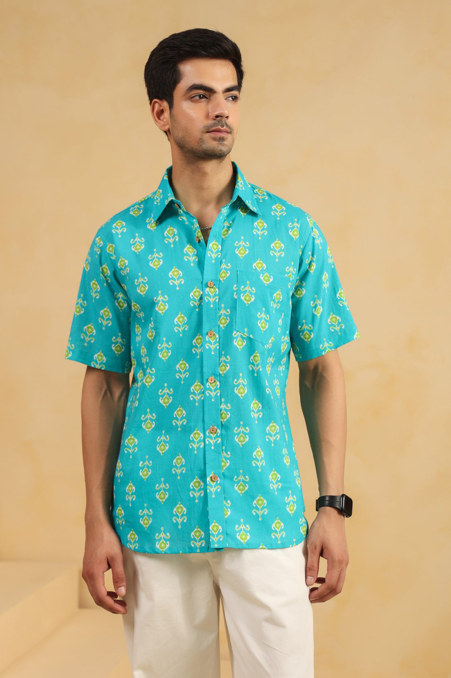 Turquoise Cotton Half Sleeve Shirt