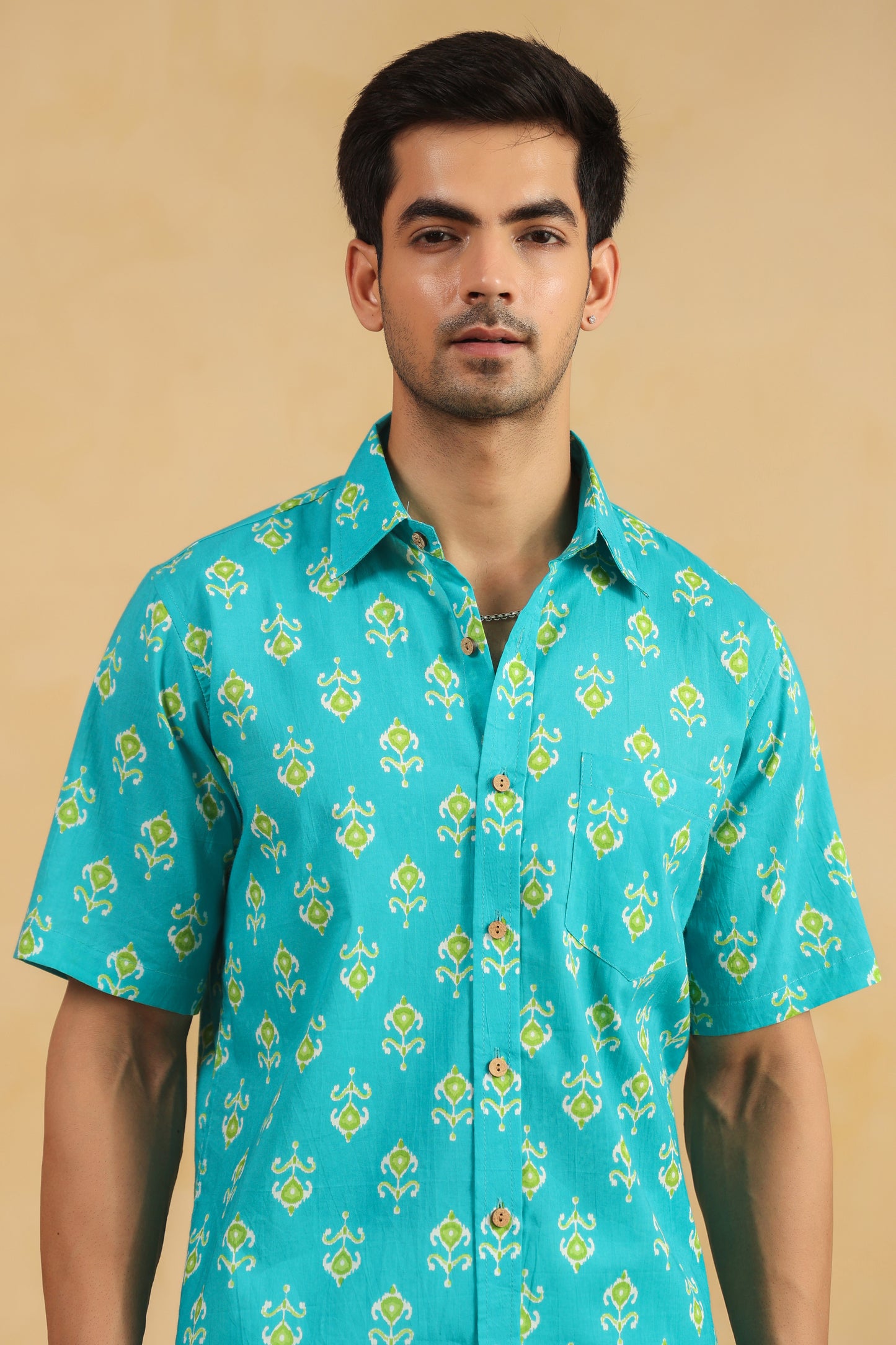 Turquoise Cotton Half Sleeve Shirt