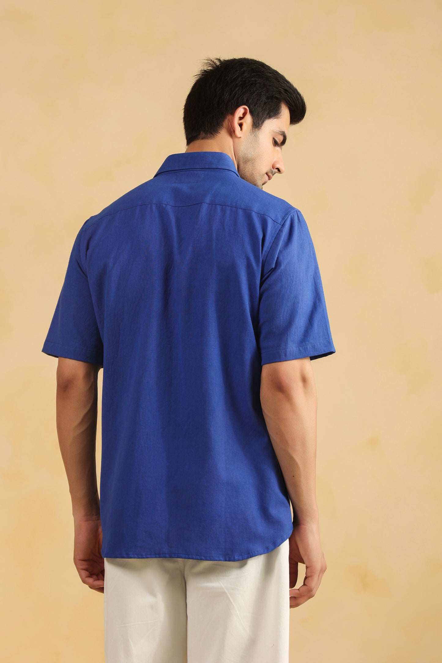 Royal blue linen blend half sleeve shirt