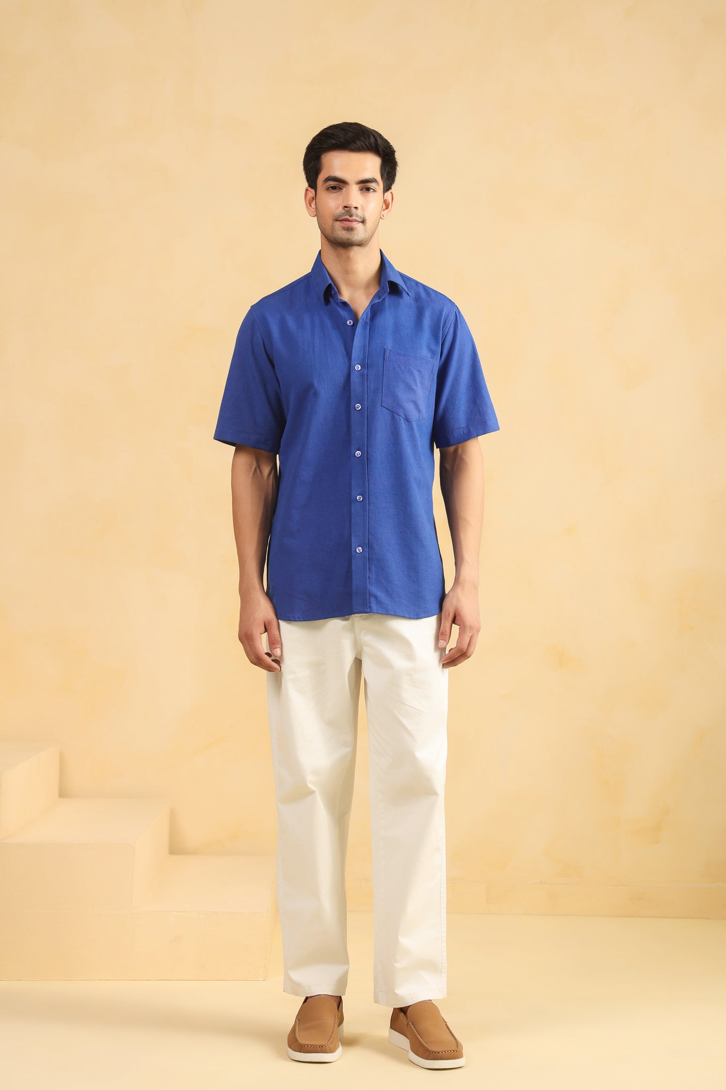 Royal blue linen blend half sleeve shirt