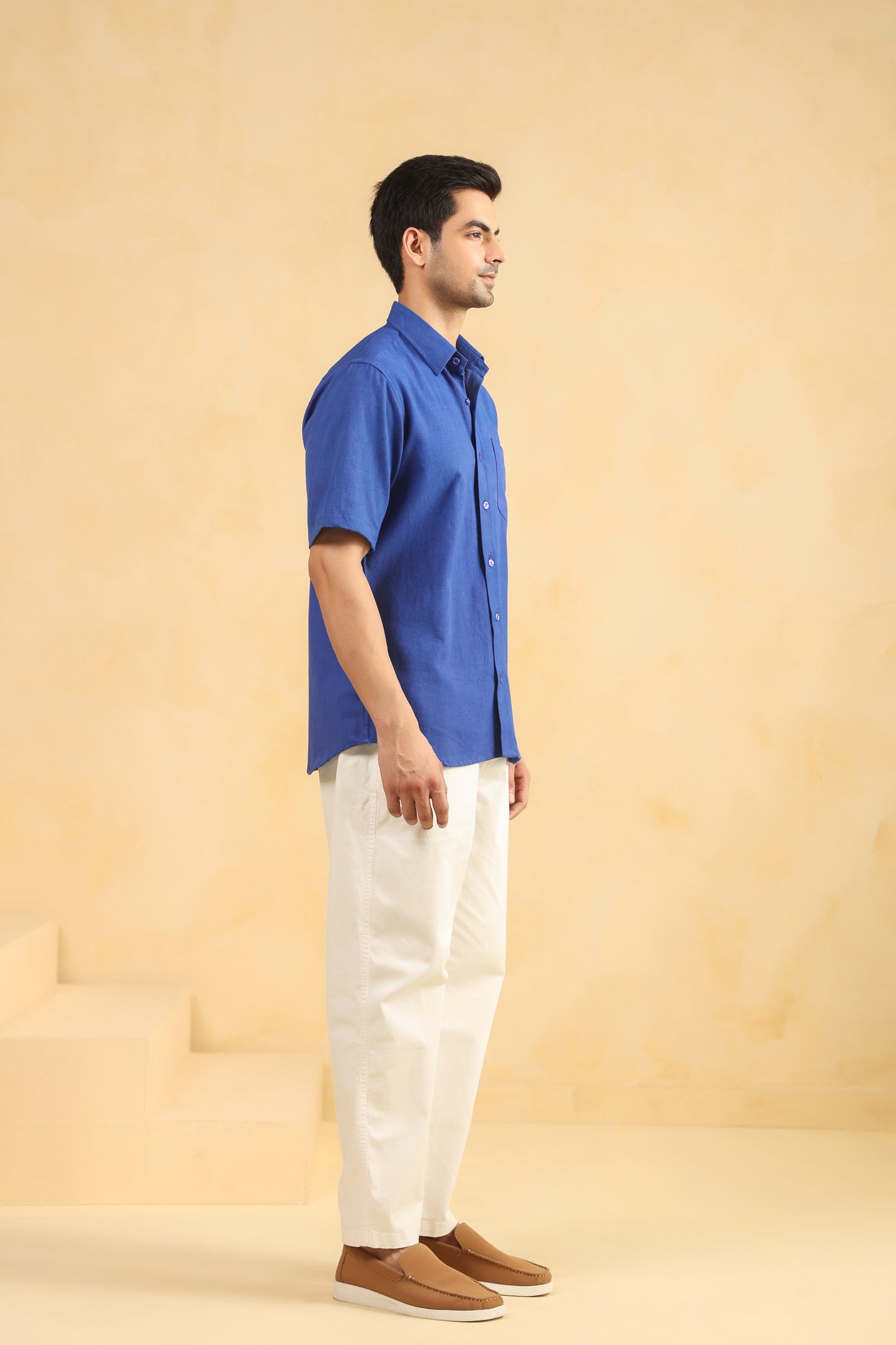 Royal blue linen blend half sleeve shirt