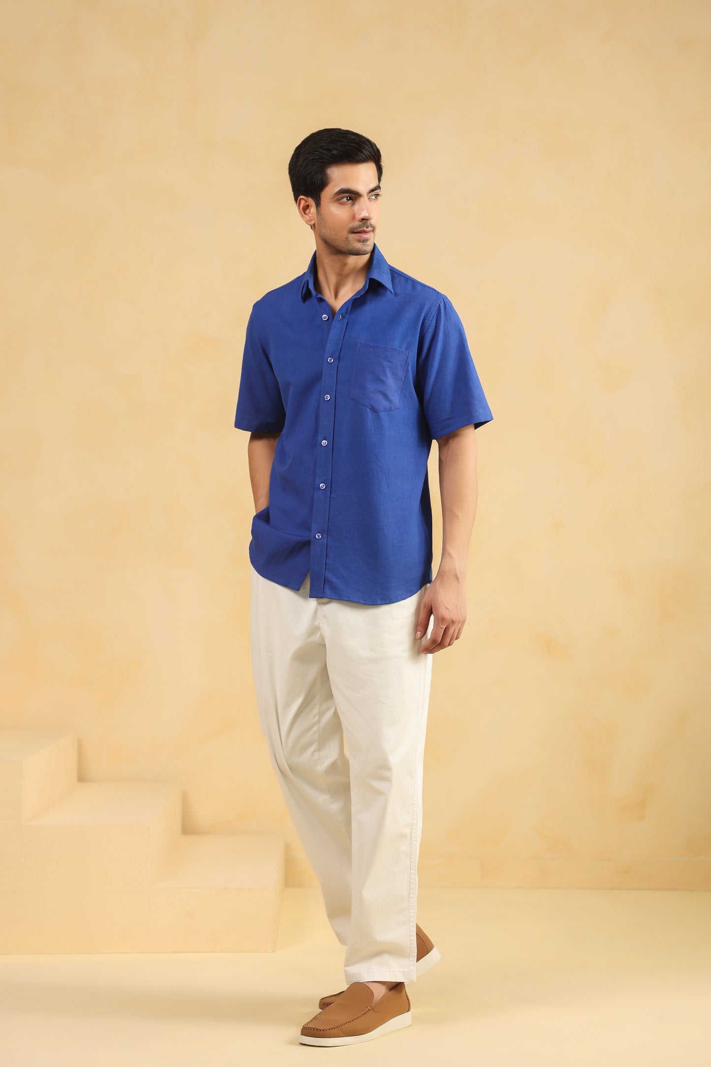 Royal blue linen blend half sleeve shirt