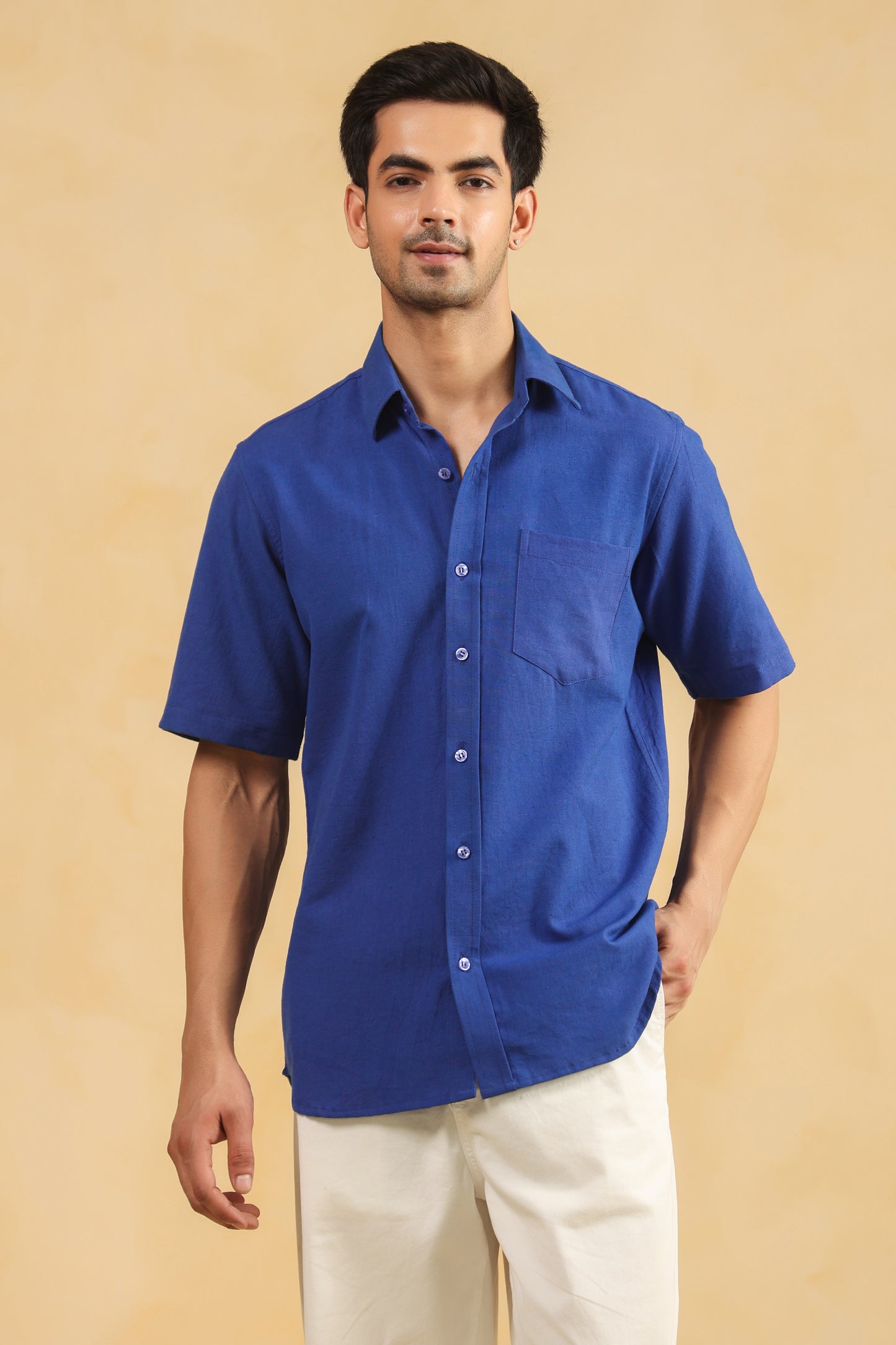 Royal blue linen blend half sleeve shirt
