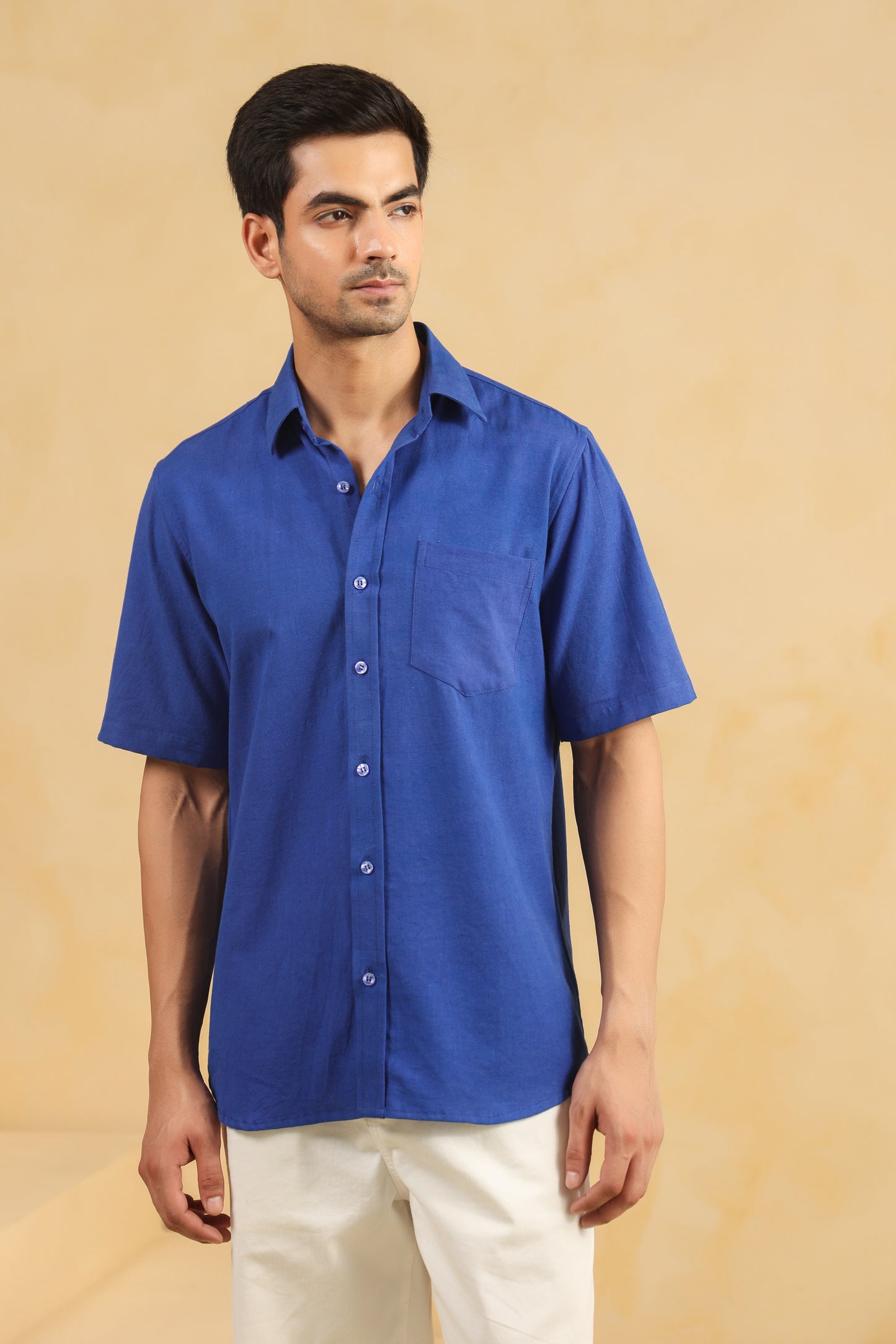 Royal blue linen blend half sleeve shirt