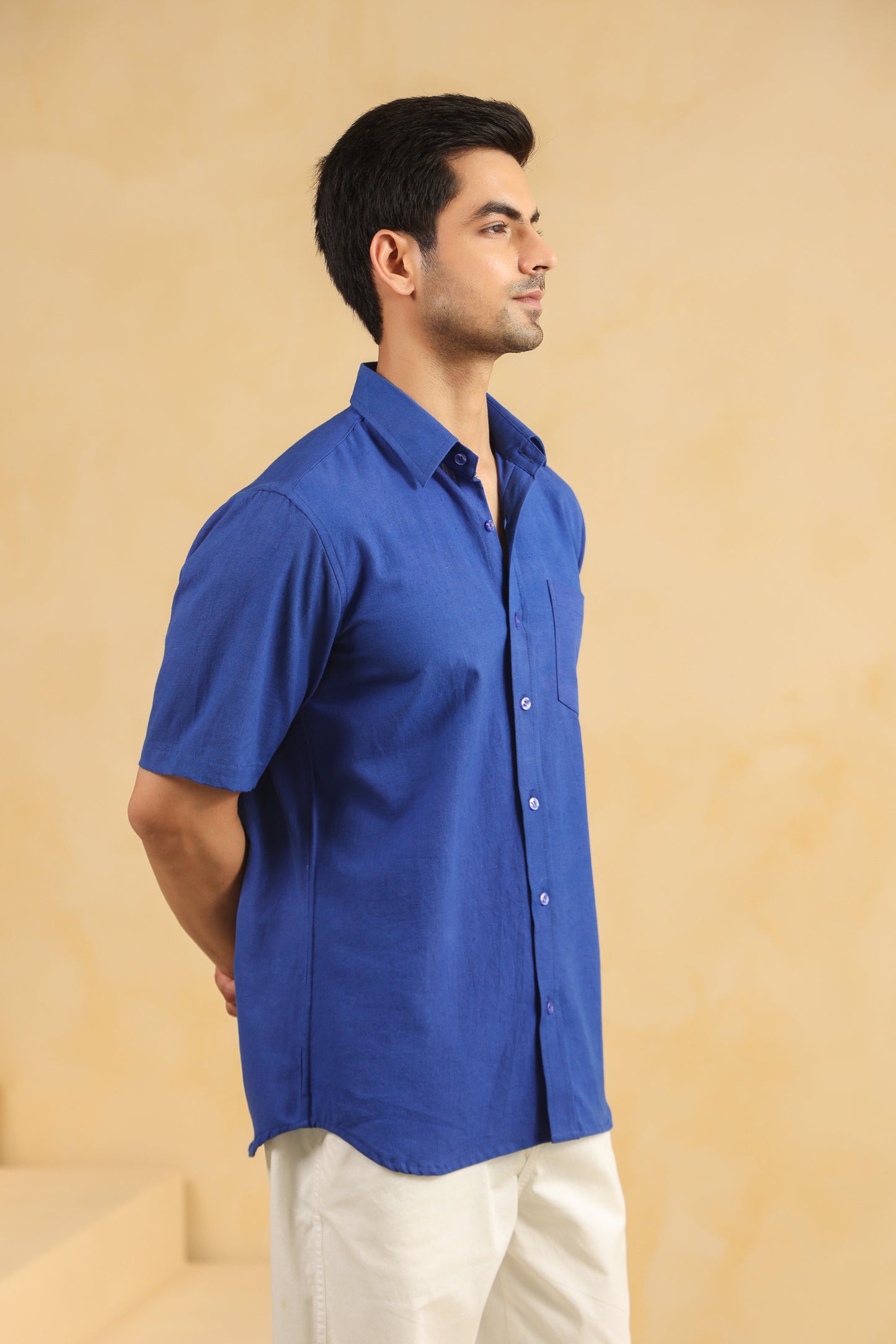 Royal blue linen blend half sleeve shirt