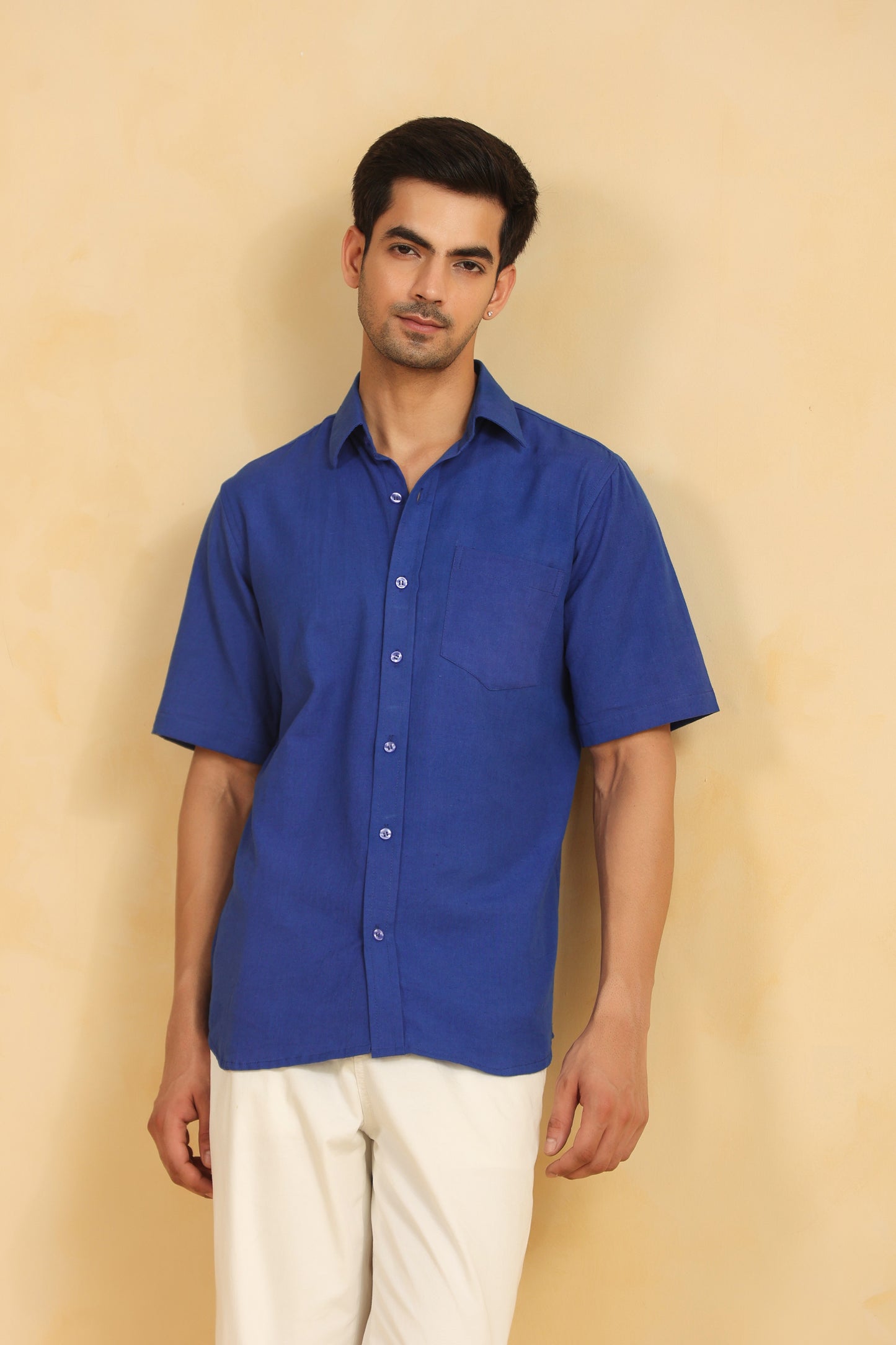 Royal blue linen blend half sleeve shirt
