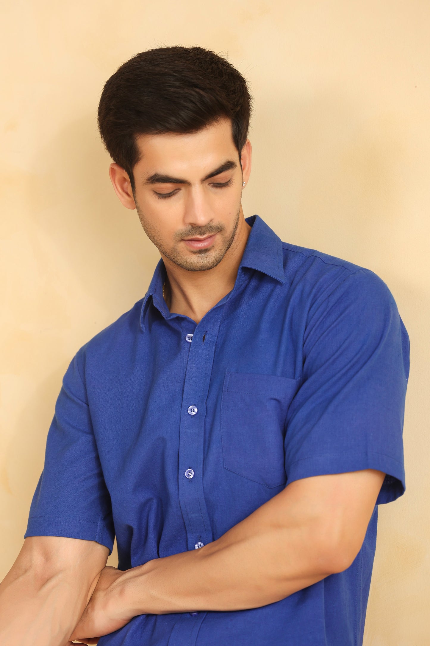 Royal blue linen blend half sleeve shirt