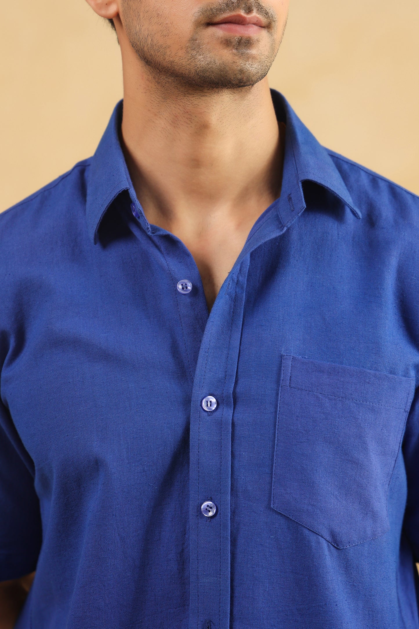 Royal blue linen blend half sleeve shirt
