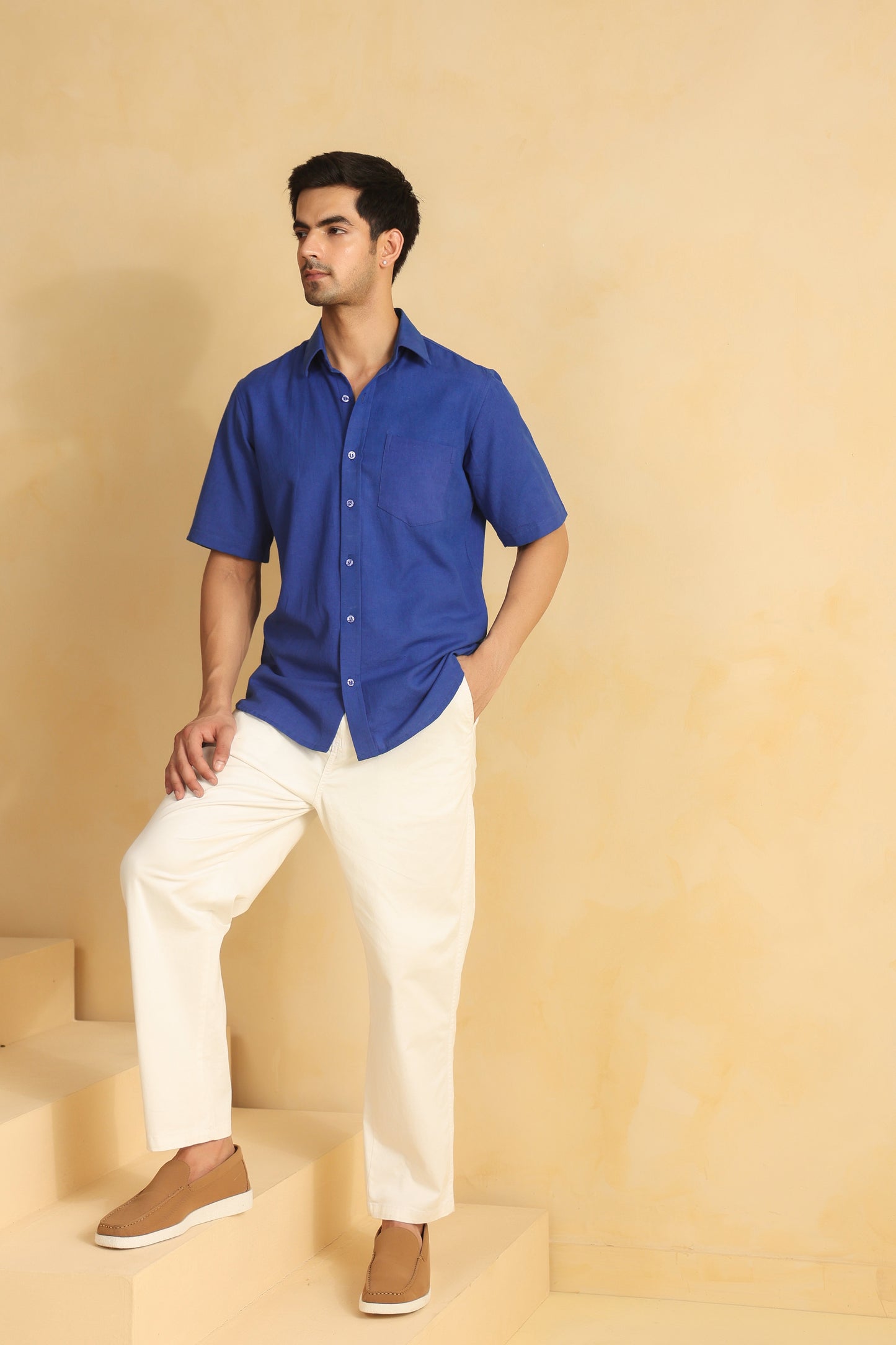 Royal blue linen blend half sleeve shirt