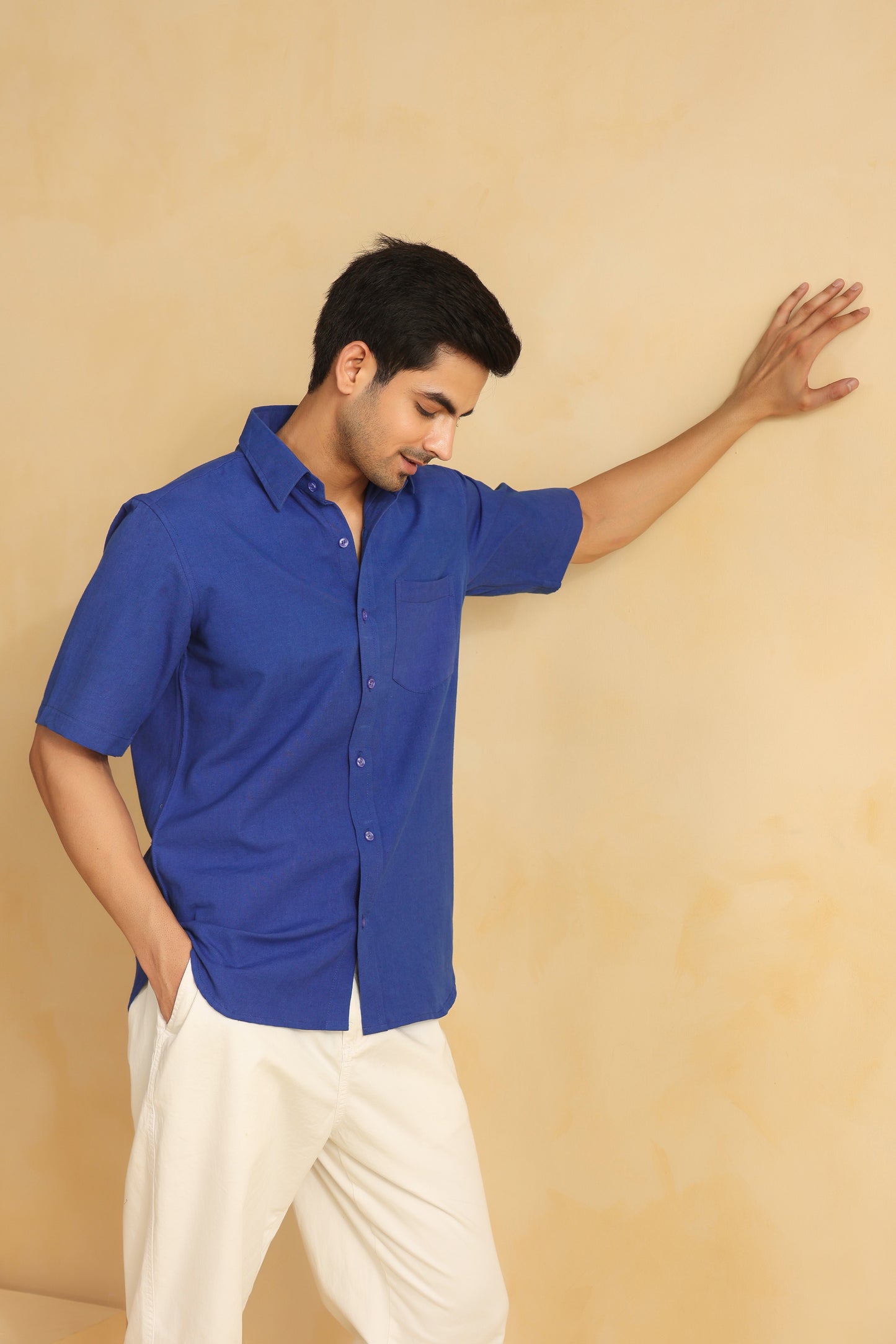 Royal blue linen blend half sleeve shirt