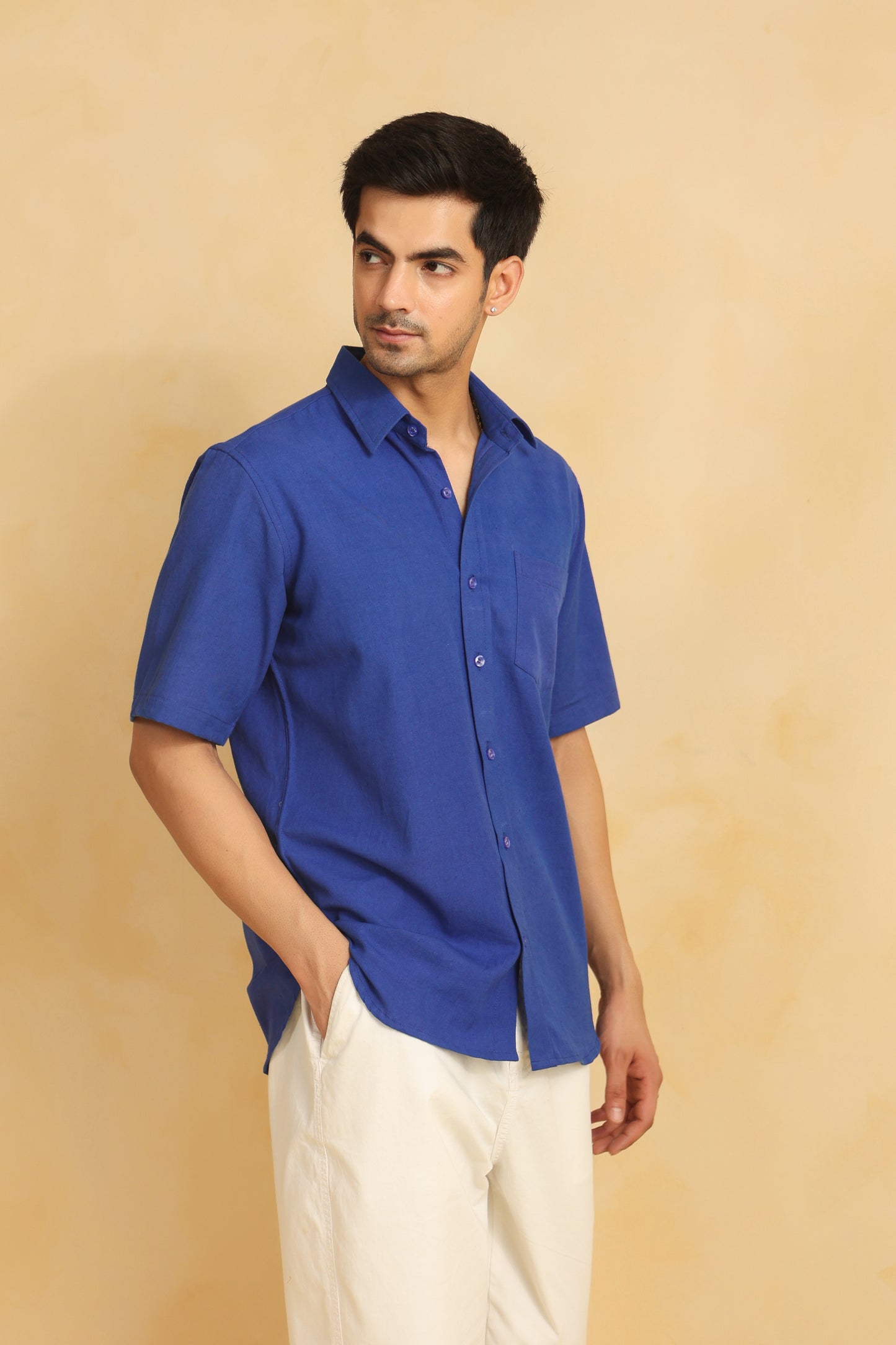 Royal blue linen blend half sleeve shirt