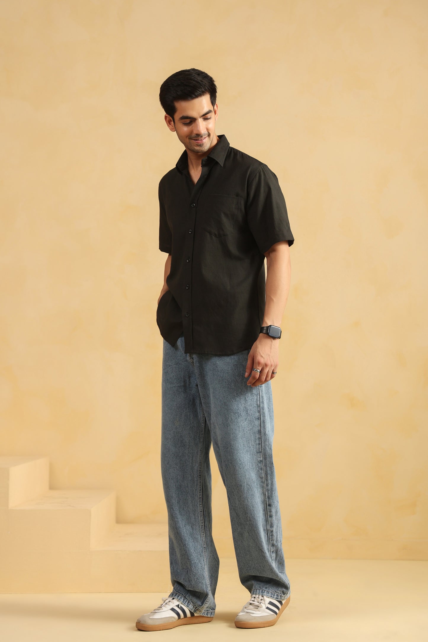 Black Linen blend Half sleeve shirt