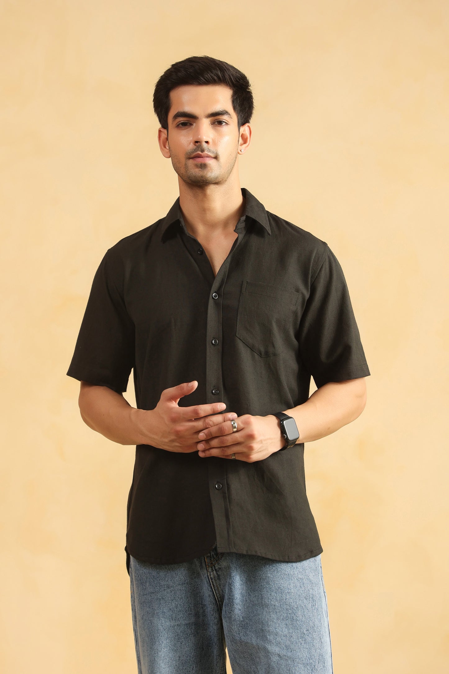 Black Linen blend Half sleeve shirt