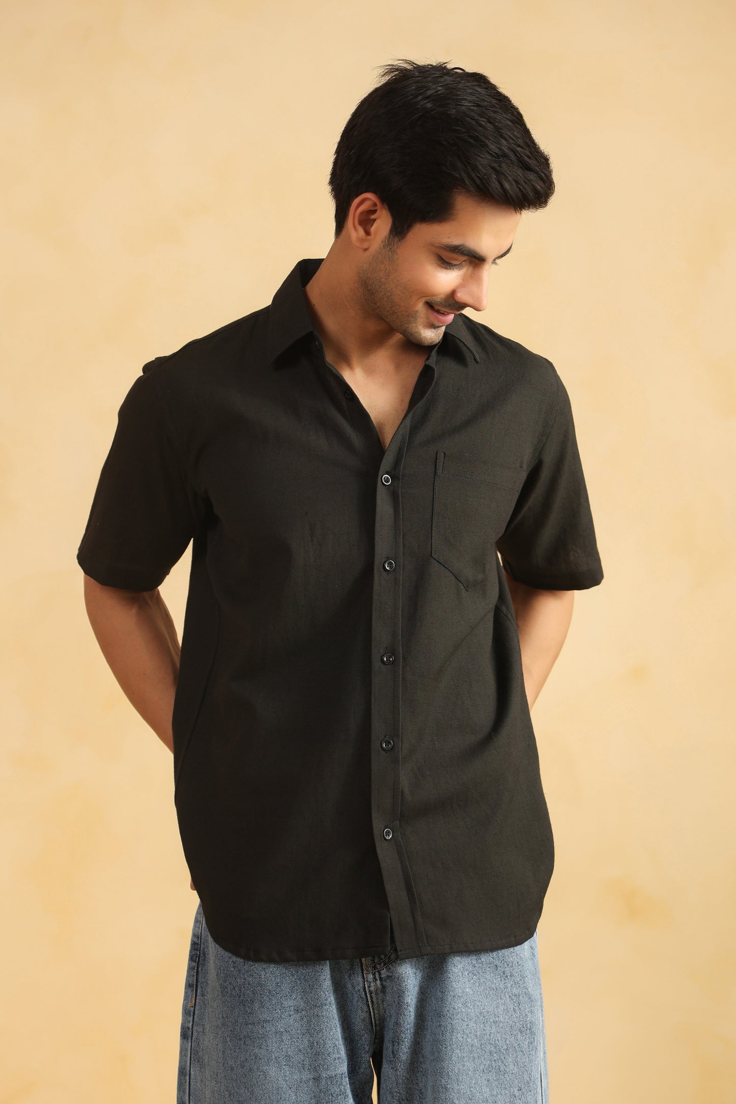 Black Linen blend Half sleeve shirt