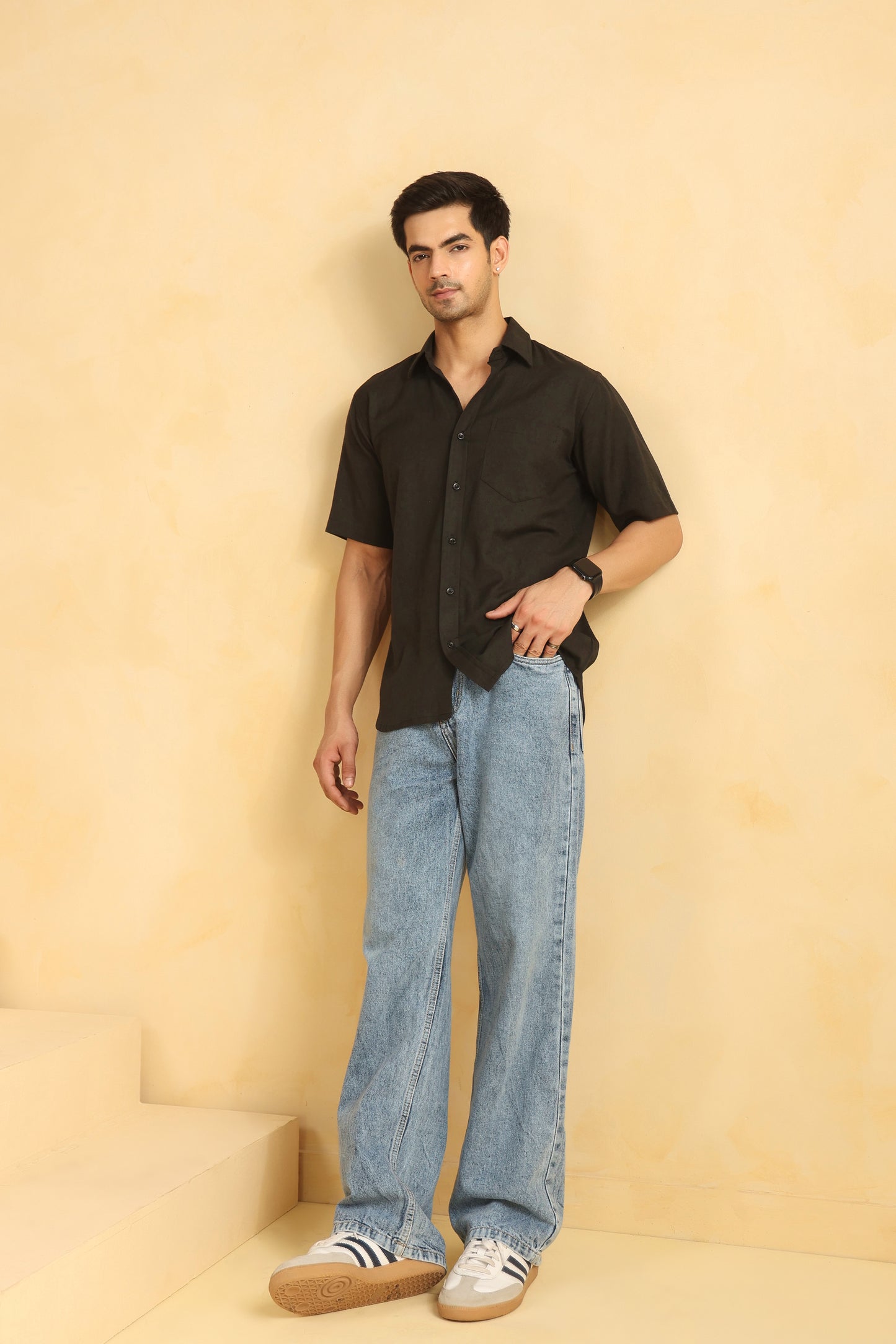 Black Linen blend Half sleeve shirt