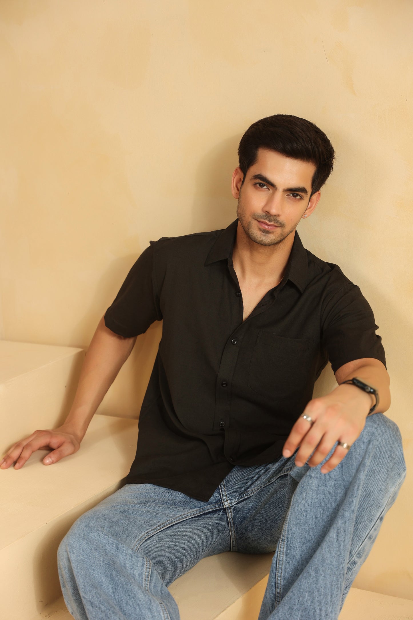 Black Linen blend Half sleeve shirt