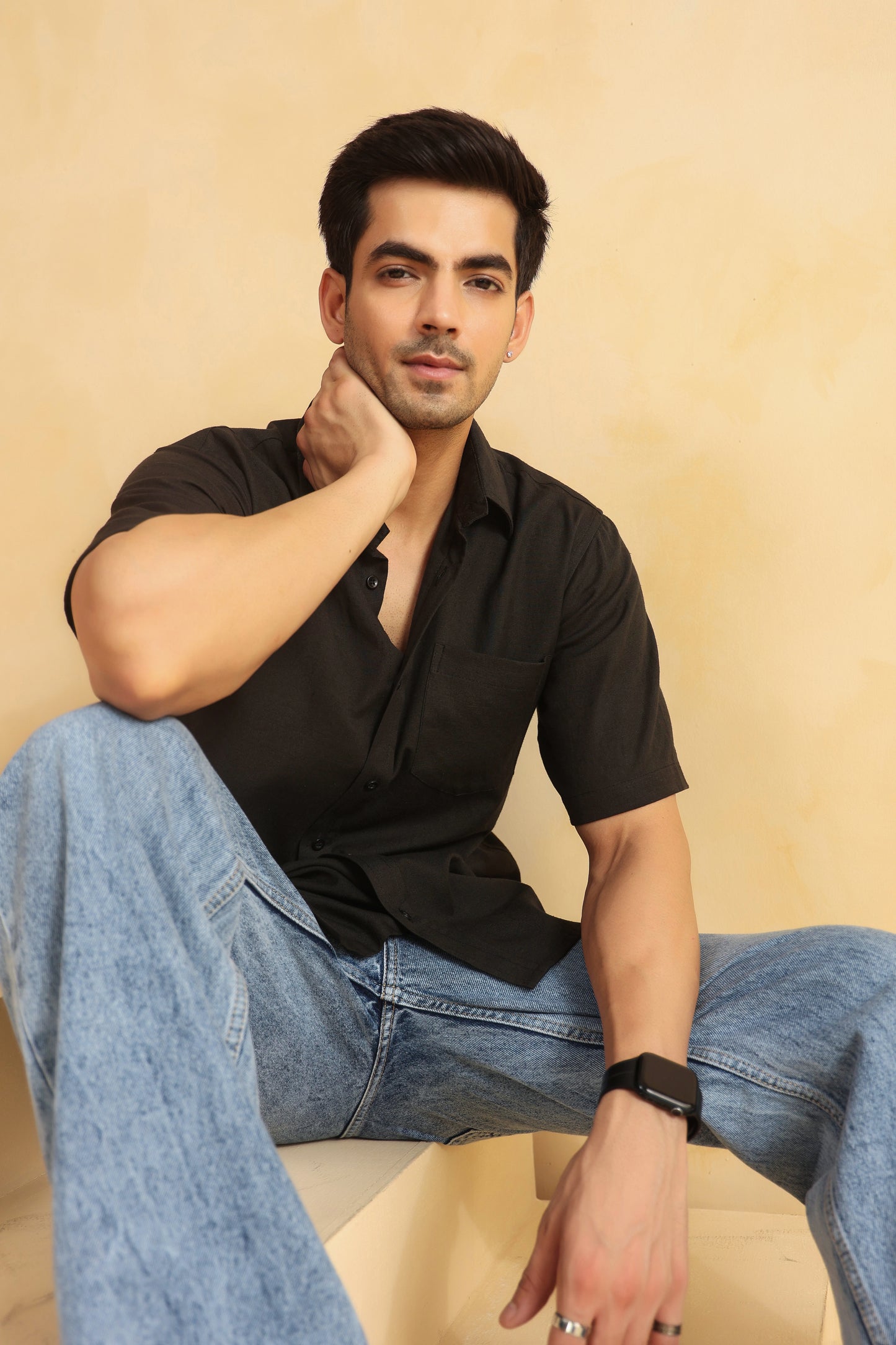 Black Linen blend Half sleeve shirt