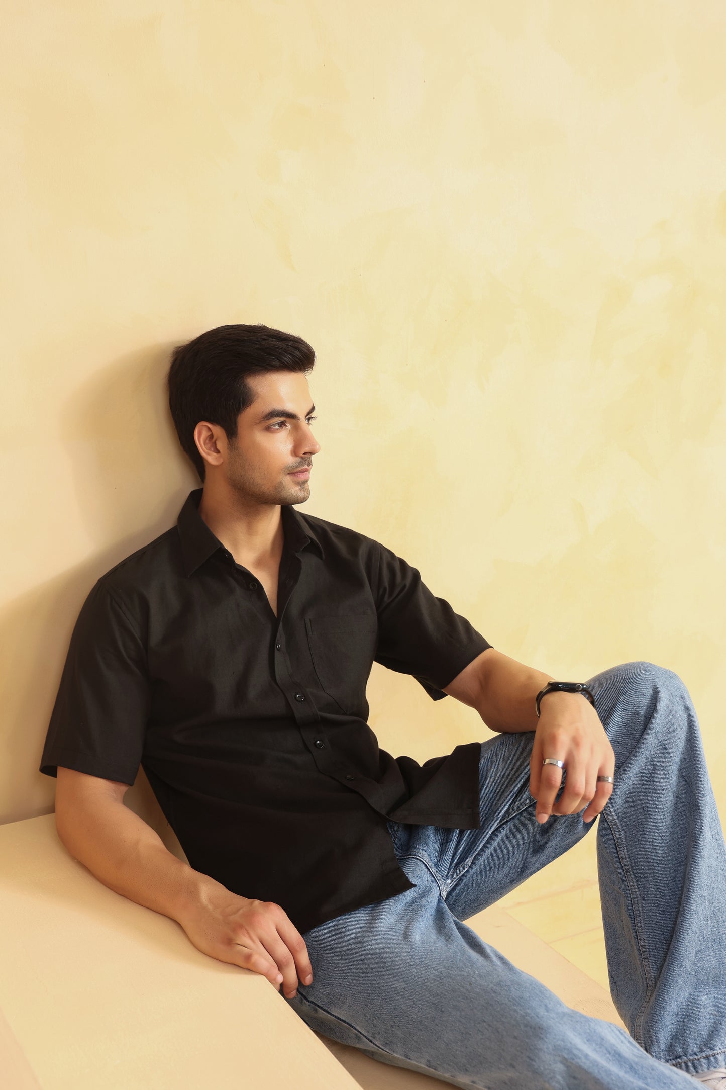 Black Linen blend Half sleeve shirt