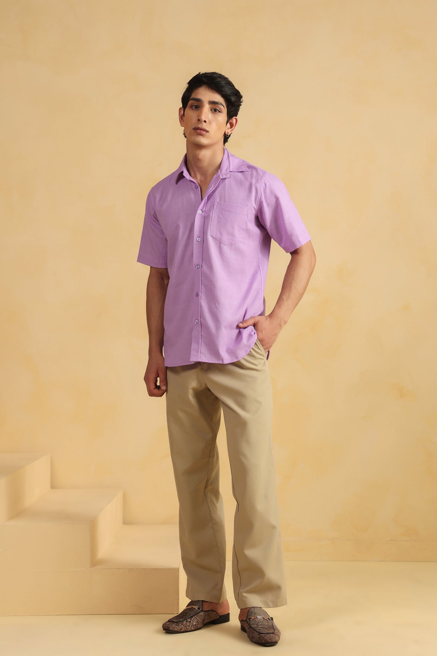 Purple Linen Blend Half sleeve shirt