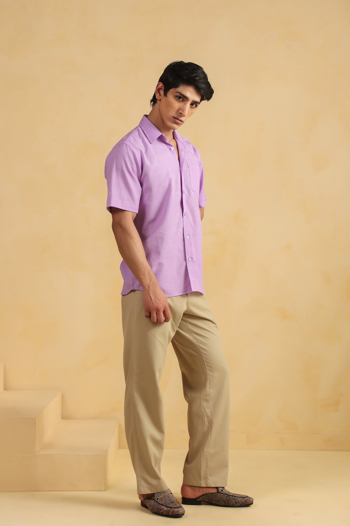 Purple Linen Blend Half sleeve shirt