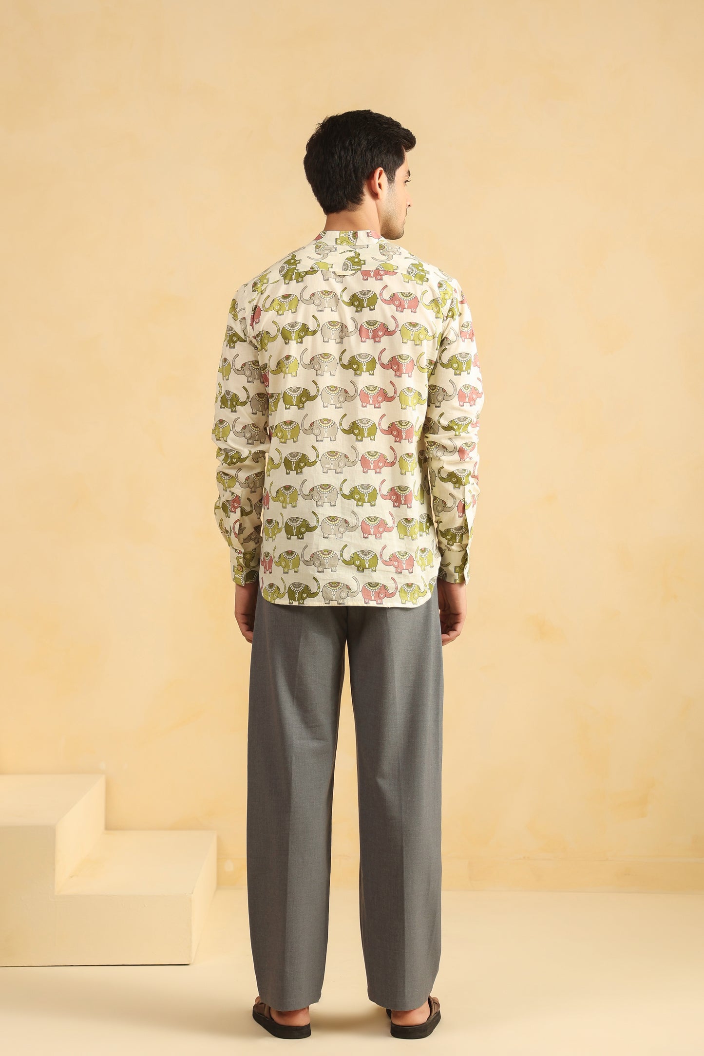 Cream Elephant Cotton Shirt Kurta