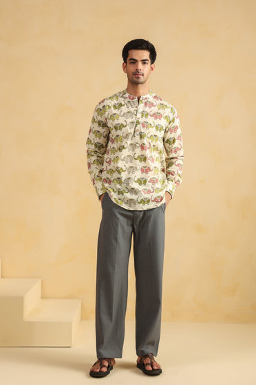 Cream Elephant Cotton Shirt Kurta