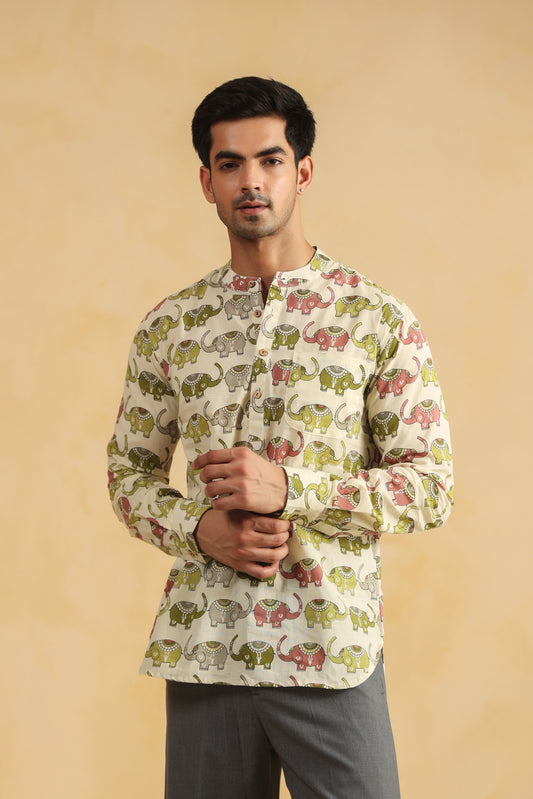 Cream Elephant Cotton Shirt Kurta