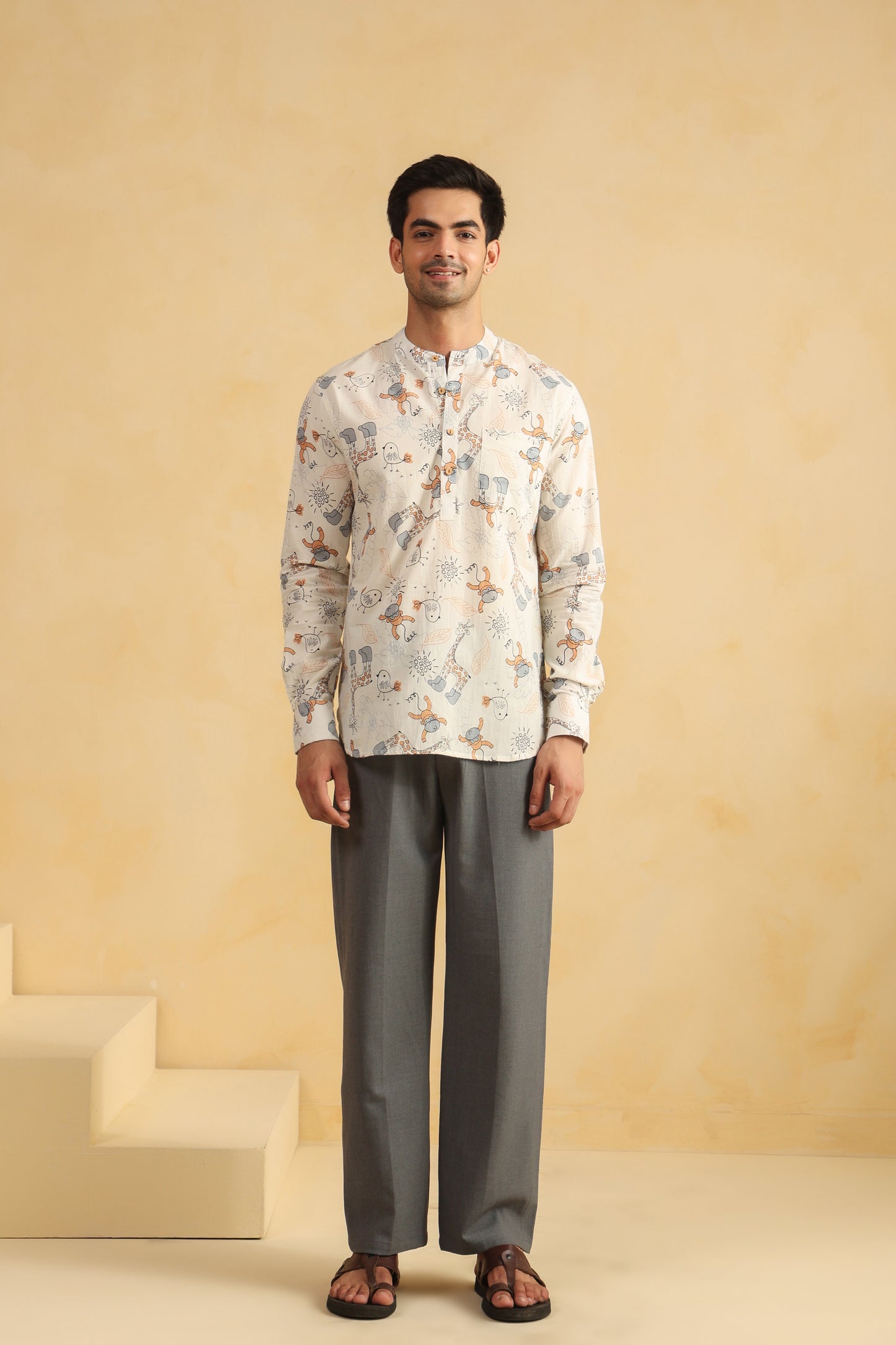 White Monkey Cotton Shirt Kurta