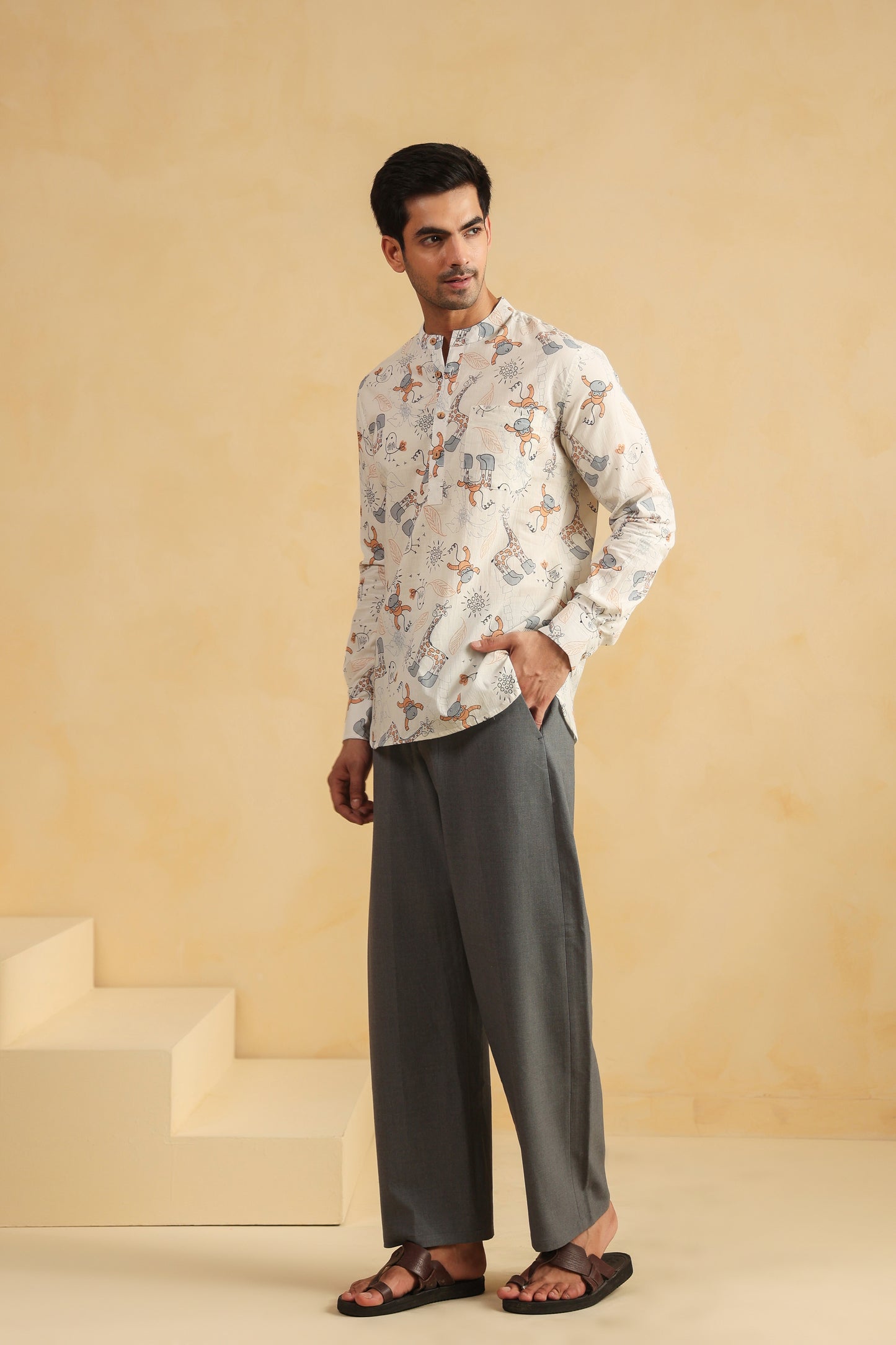 White Monkey Cotton Shirt Kurta