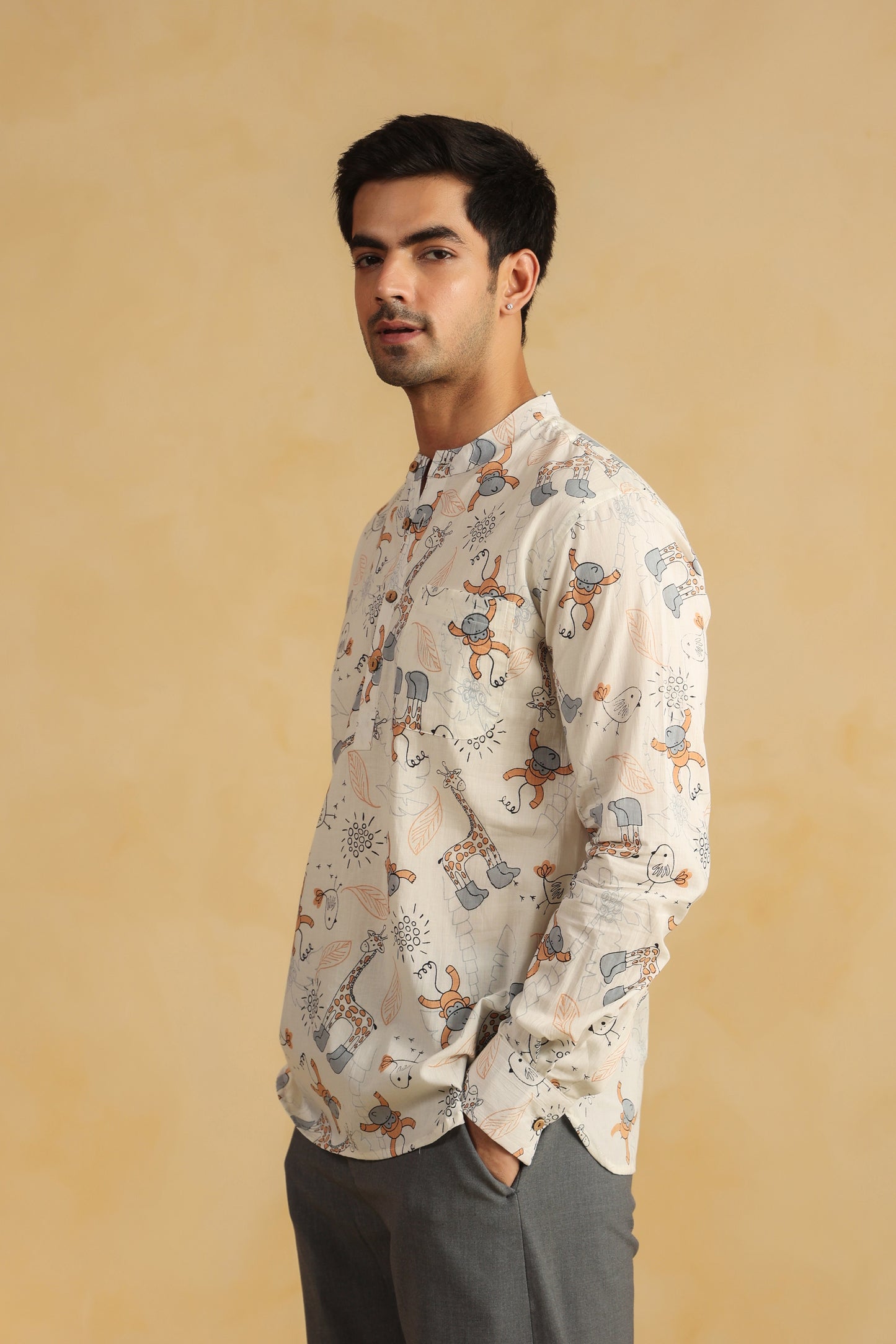 White Monkey Cotton Shirt Kurta