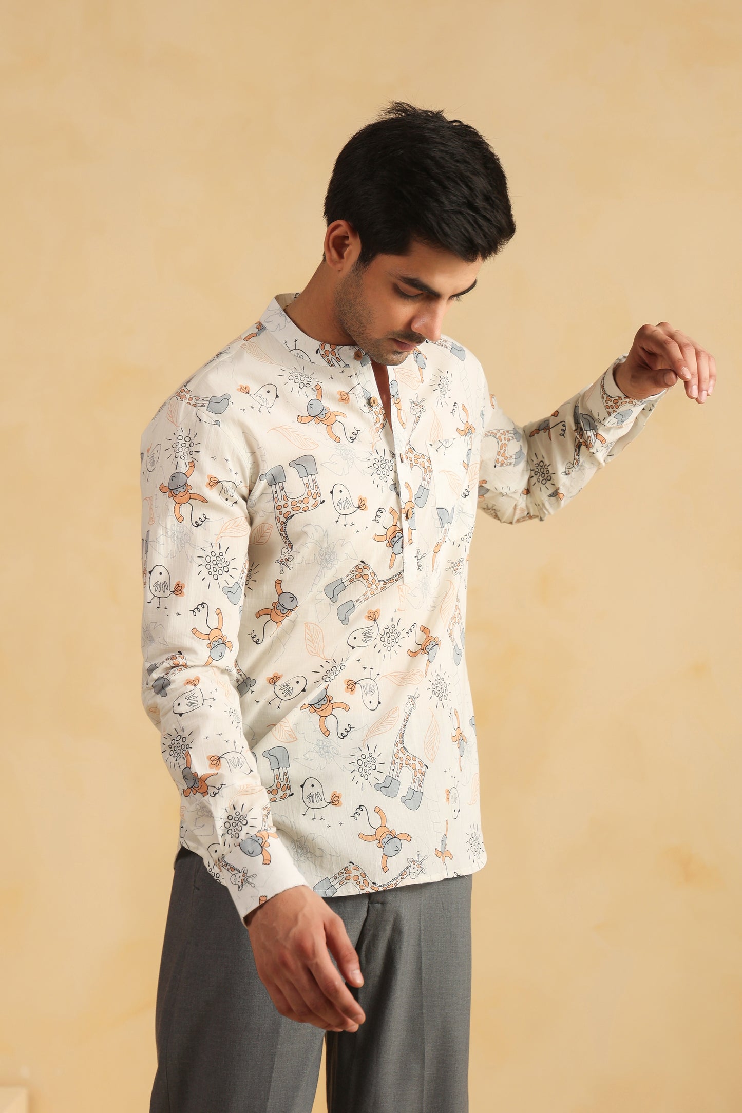 White Monkey Cotton Shirt Kurta