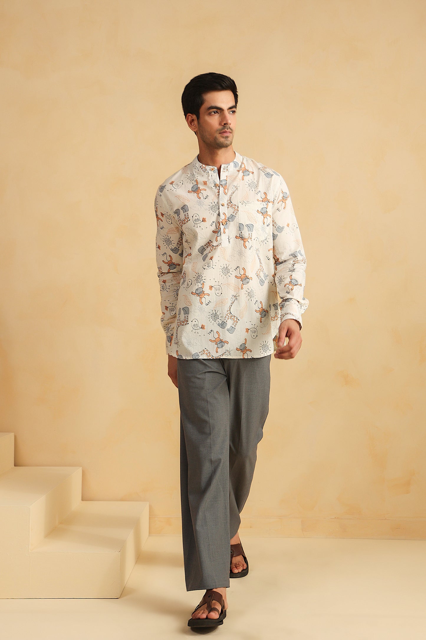 White Monkey Cotton Shirt Kurta