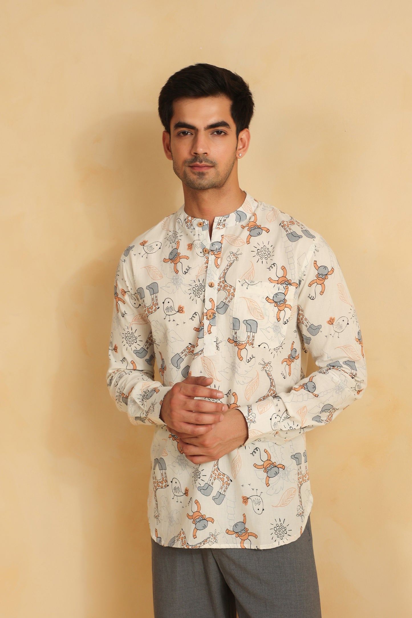 White Monkey Cotton Shirt Kurta