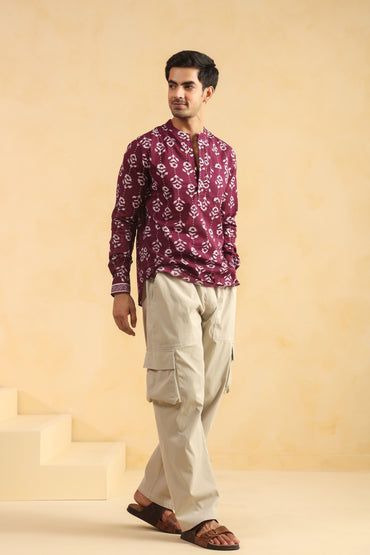 Wine Printed Cotton Shirt Kurta