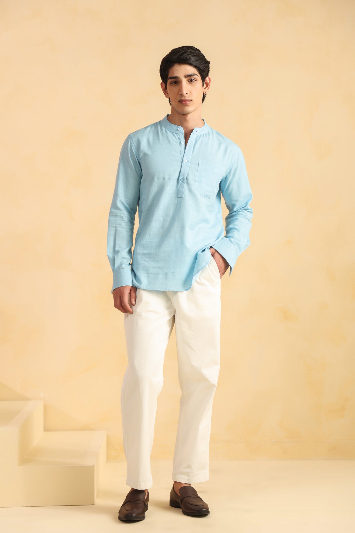 Ice blue linen blend shirt kurta