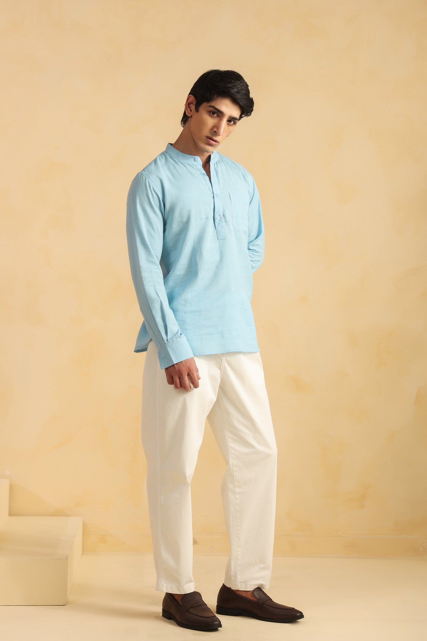 Ice blue linen blend shirt kurta